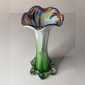 Hand Blown Cased Art Glass Vase White Green Blue Ruffled Top Ground Pontil